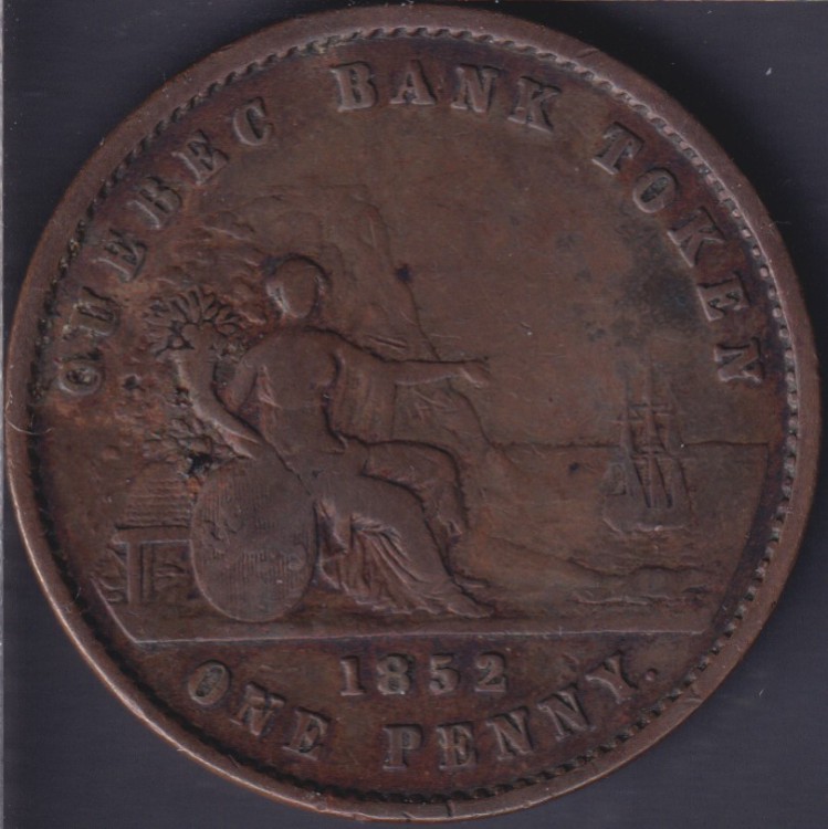 1852 Fine Quebec Bank Token One Penny Province Du Canada Deux