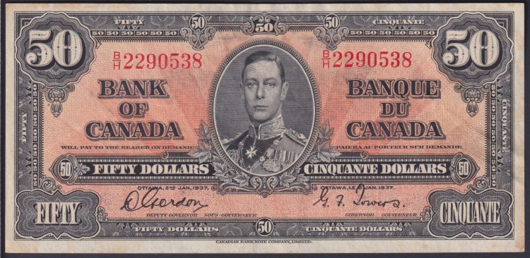 1937 $50 Dollars - Ef - Gordon Towers - Prefix B H - Canada Coins